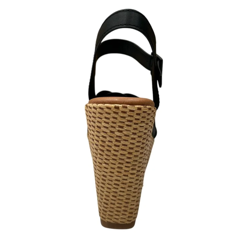 KORKS Dee Womens Wedge‎ Platform Sandal Size 8 Black/Tan Faux-leather Block Heel
